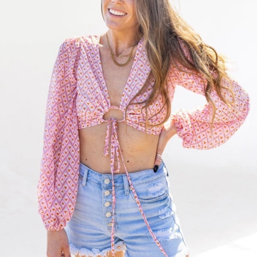 Boho Pink & Orange Retro Long Sleeve Plunging V Neckline Crop Top